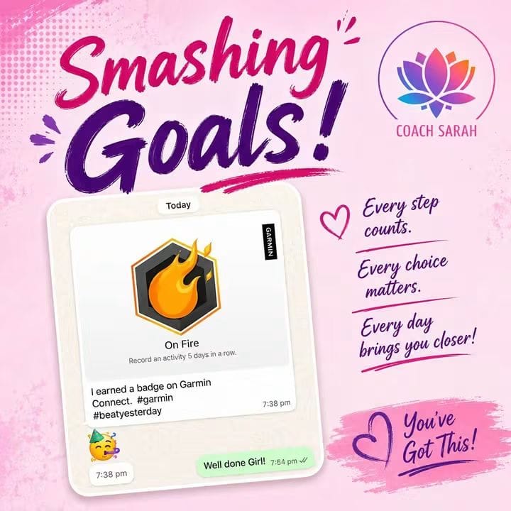 Coach Sarah motivation graphic about smashing health and fitness goals